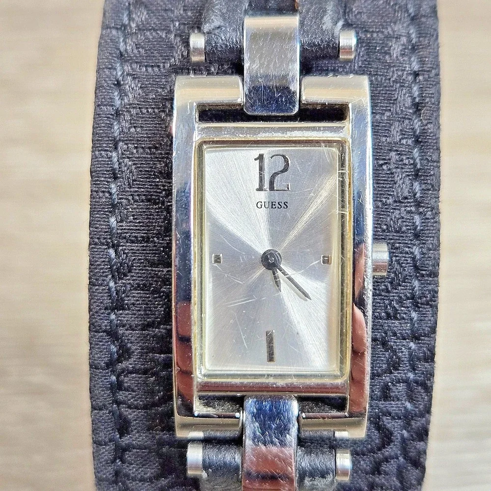 Guess Silver Tone Tank Women's Watch Black Fabric Cuff Band 6.5